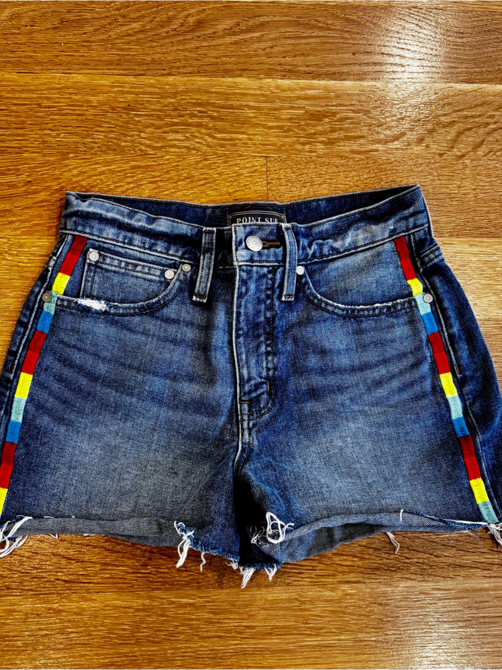 Blue Denim Shorts with Multicolor Side Stripes